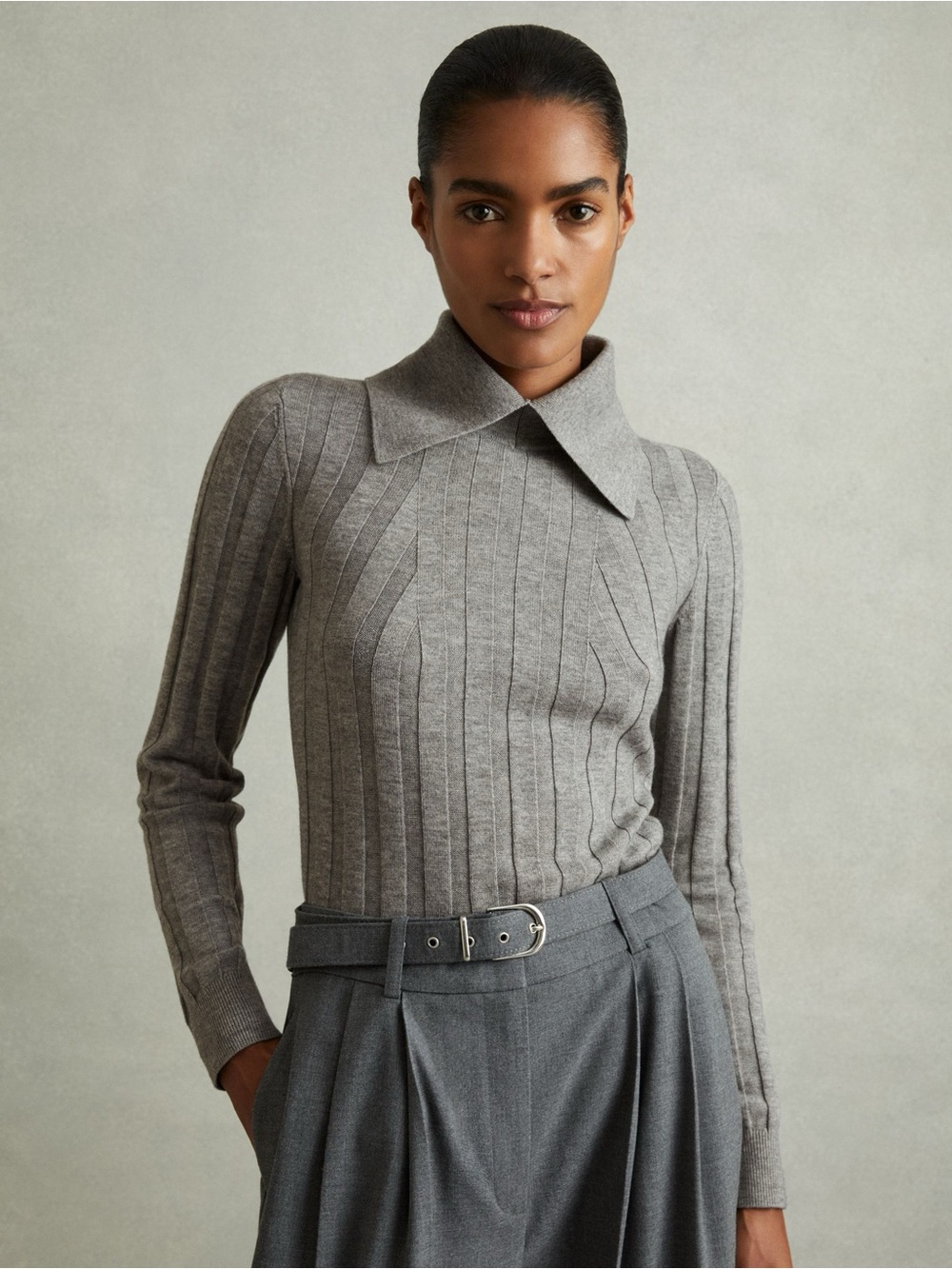 Reiss Winter Ribbed Collared Sweater Top Wool Blend Heather Grey Size XL